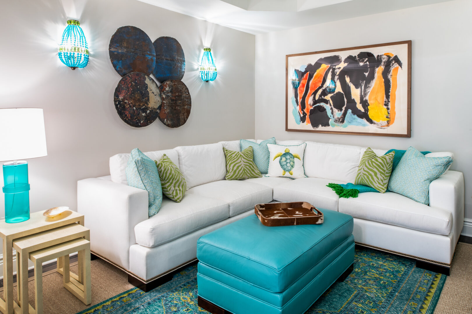 Blue and green themed living room